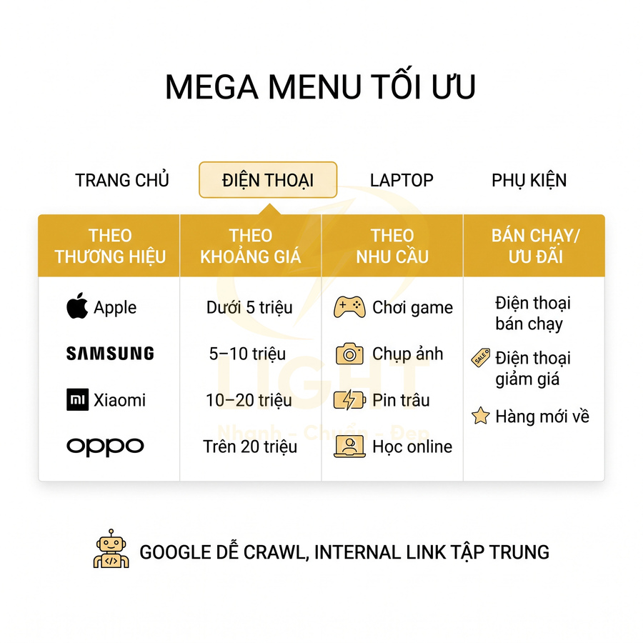 Mega menu tối ưu cho danh mục điện thoại Apple Samsung Xiaomi Oppo theo thương hiệu giá nhu cầu và ưu đãi