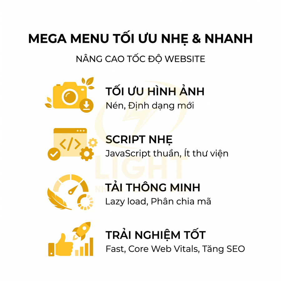 Mega menu tối ưu nhẹ và nhanh với tối ưu hình ảnh, script nhẹ, tải thông minh, cải thiện trải nghiệm web