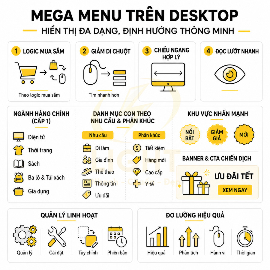 Infographic mega menu trên desktop với các mục ngành hàng, danh mục con, khu vực nhấn mạnh và đo lường hiệu quả