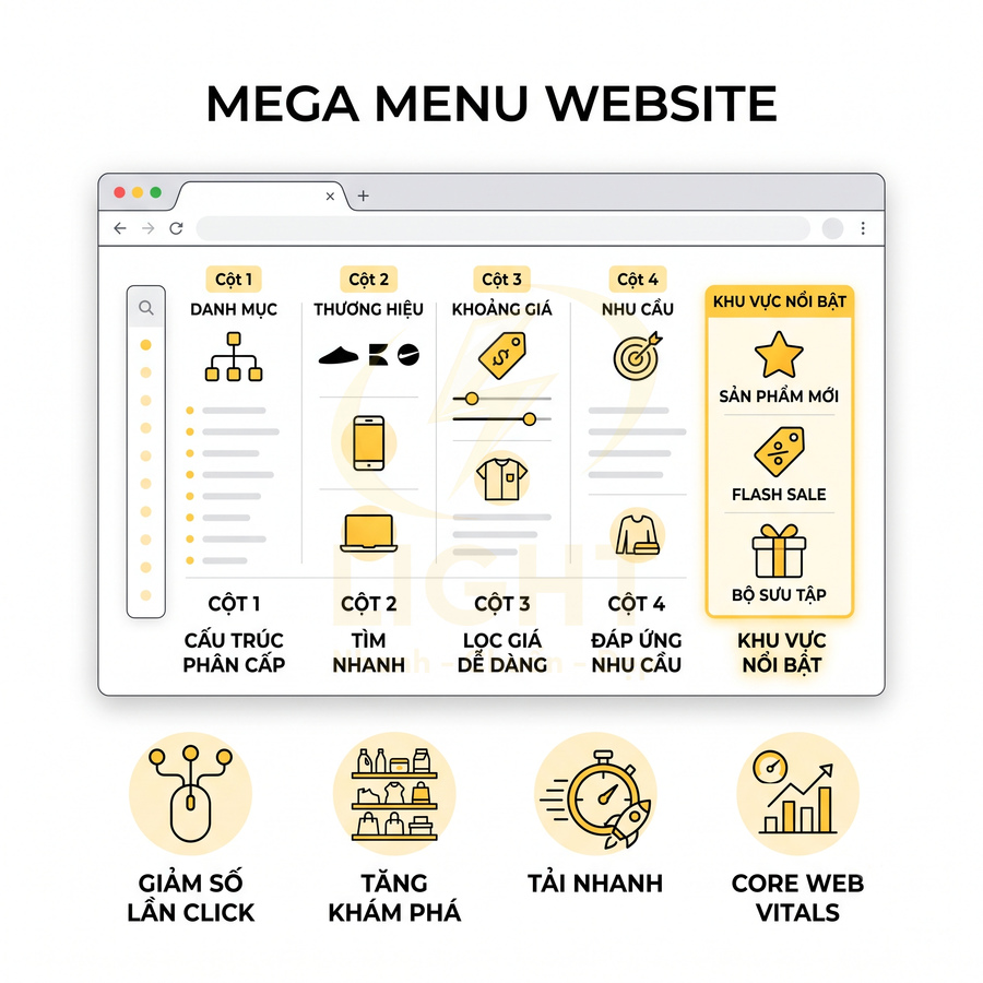 Giao diện mega menu website với các cột danh mục, thương hiệu, giá, nhu cầu và khu vực nổi bật sản phẩm mới, flash sale