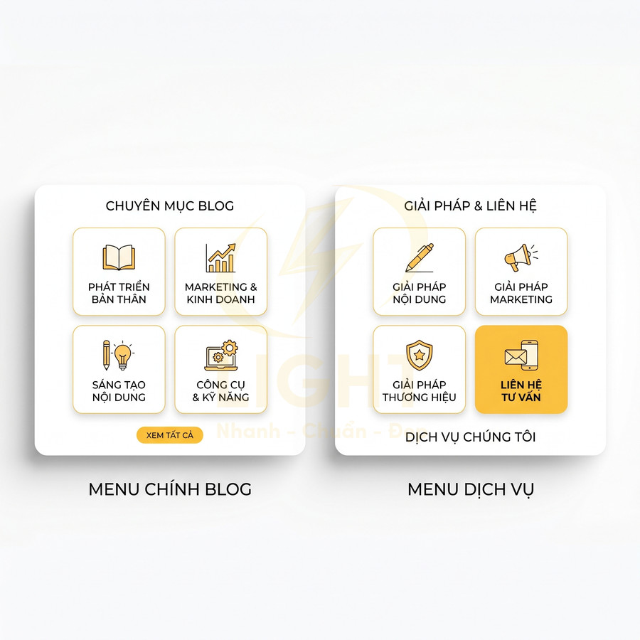 Giao diện menu blog và dịch vụ marketing với các mục phát triển bản thân, giải pháp nội dung, liên hệ tư vấn