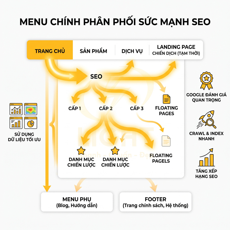 Sơ đồ cấu trúc menu website phân phối sức mạnh SEO từ trang chủ tới danh mục chiến lược và landing page