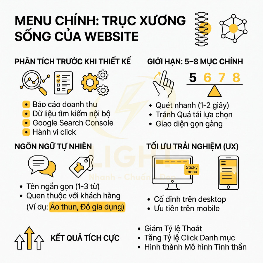 Hướng dẫn thiết kế menu chính website tối ưu UX với giới hạn 5 đến 8 mục và ngôn ngữ tự nhiên