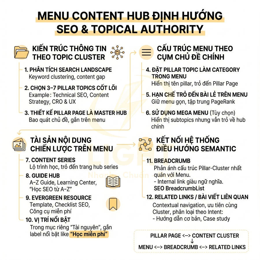 Menu content hub định hướng SEO và topical authority với hướng dẫn xây dựng kiến trúc topic cluster và điều hướng semantic