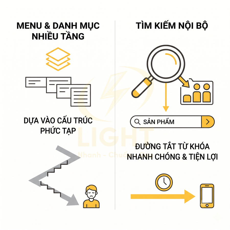 So sánh menu danh mục nhiều tầng với thanh tìm kiếm nội bộ sản phẩm nhanh chóng tiện lợi trên website