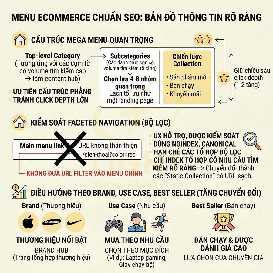 Infographic hướng dẫn cấu trúc menu ecommerce chuẩn SEO, tối ưu mega menu, bộ lọc và điều hướng theo thương hiệu, nhu cầu, best seller