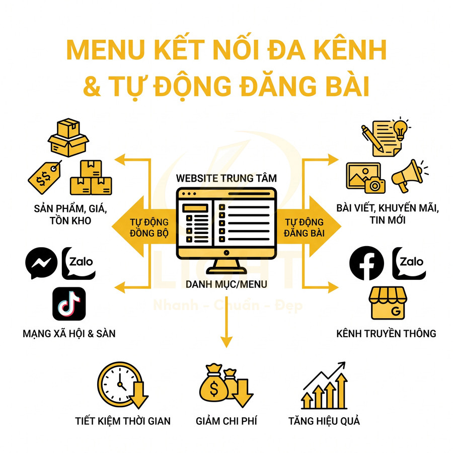 Menu kết nối đa kênh tự động đăng bài từ website trung tâm lên mạng xã hội và kênh truyền thông
