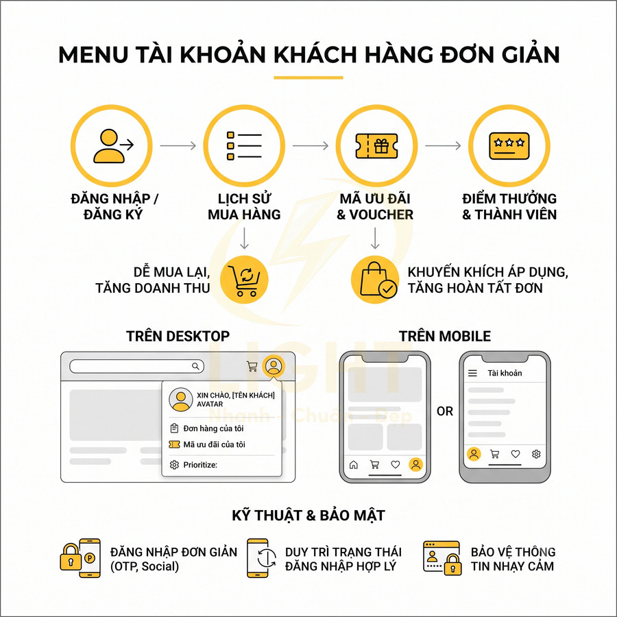 Menu tài khoản khách hàng đơn giản trên website và mobile với lịch sử mua hàng, mã ưu đãi, điểm thưởng