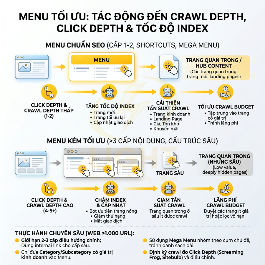 Menu tối ưu trong SEO ảnh hưởng đến crawl depth, click depth và tốc độ index của website