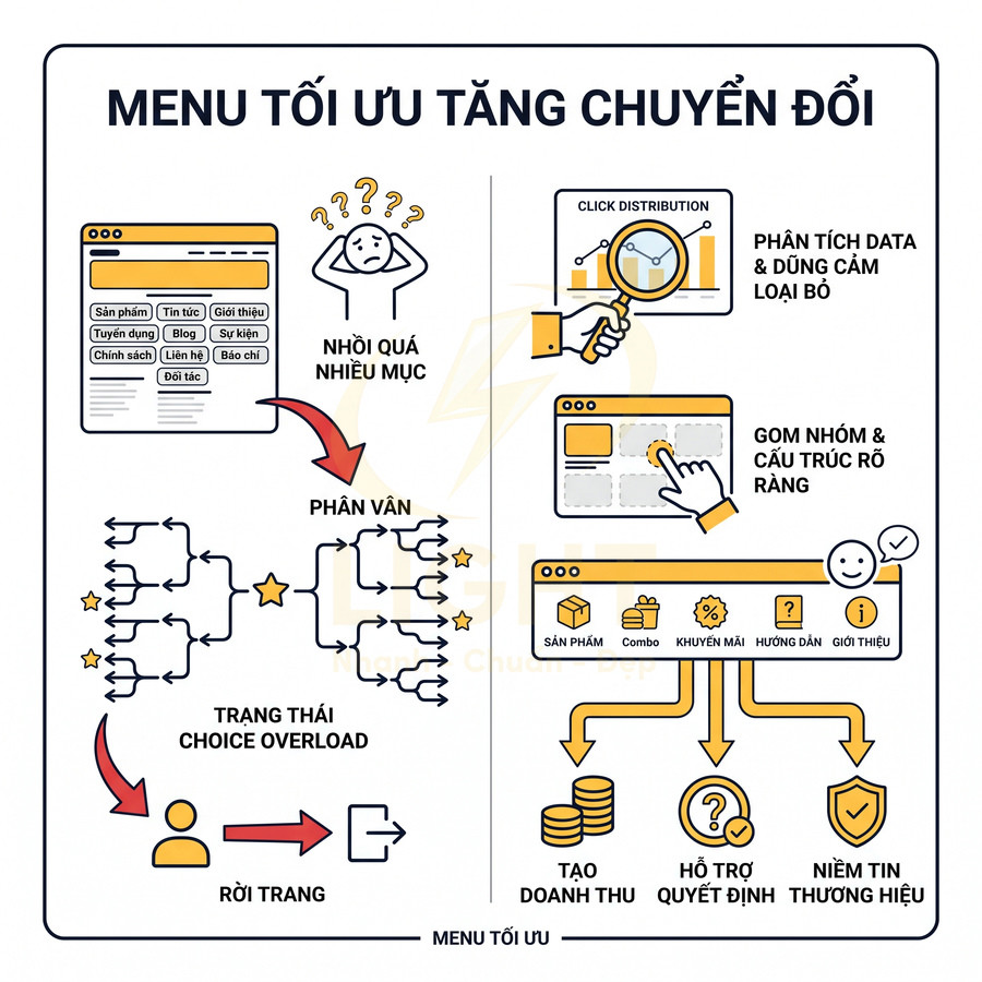 Minh họa so sánh menu website rối rắm và menu tối ưu giúp tăng chuyển đổi, doanh thu và niềm tin thương hiệu