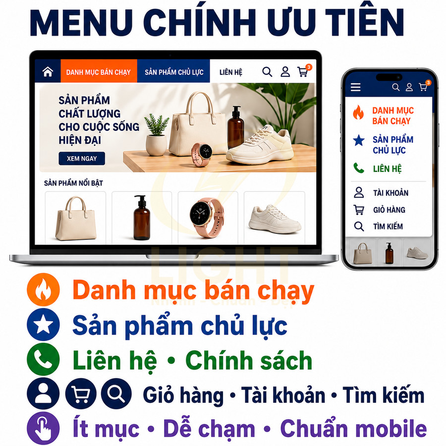 Giao diện website bán hàng với menu chính ưu tiên trên laptop và điện thoại, hiển thị túi xách, giày, đồng hồ, mỹ phẩm
