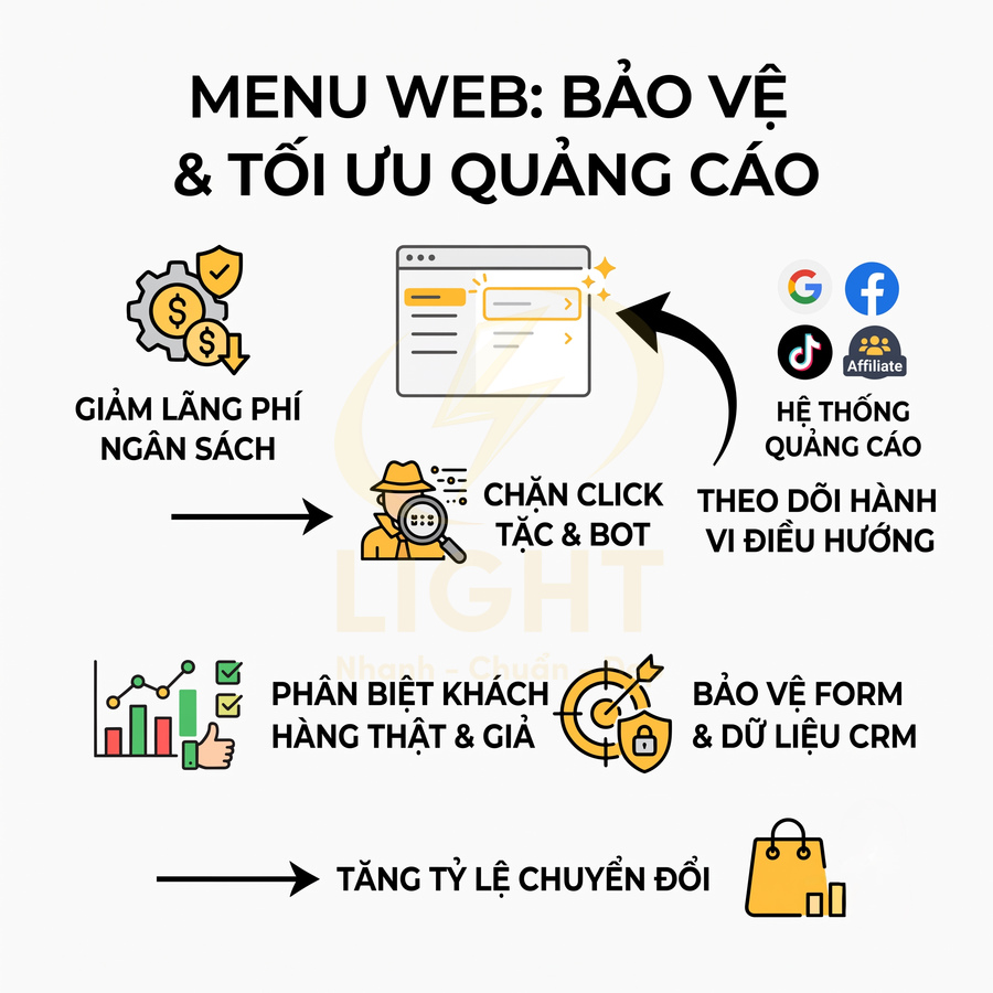 Menu web bảo vệ và tối ưu quảng cáo, chặn click tặc bot, giảm lãng phí ngân sách và tăng tỷ lệ chuyển đổi