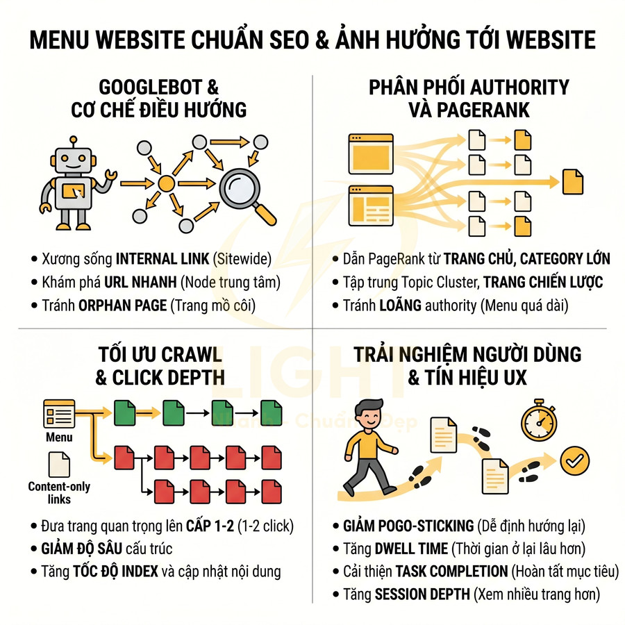 Minh họa menu website chuẩn SEO với Googlebot, phân phối PageRank, tối ưu crawl, trải nghiệm người dùng và tín hiệu UX