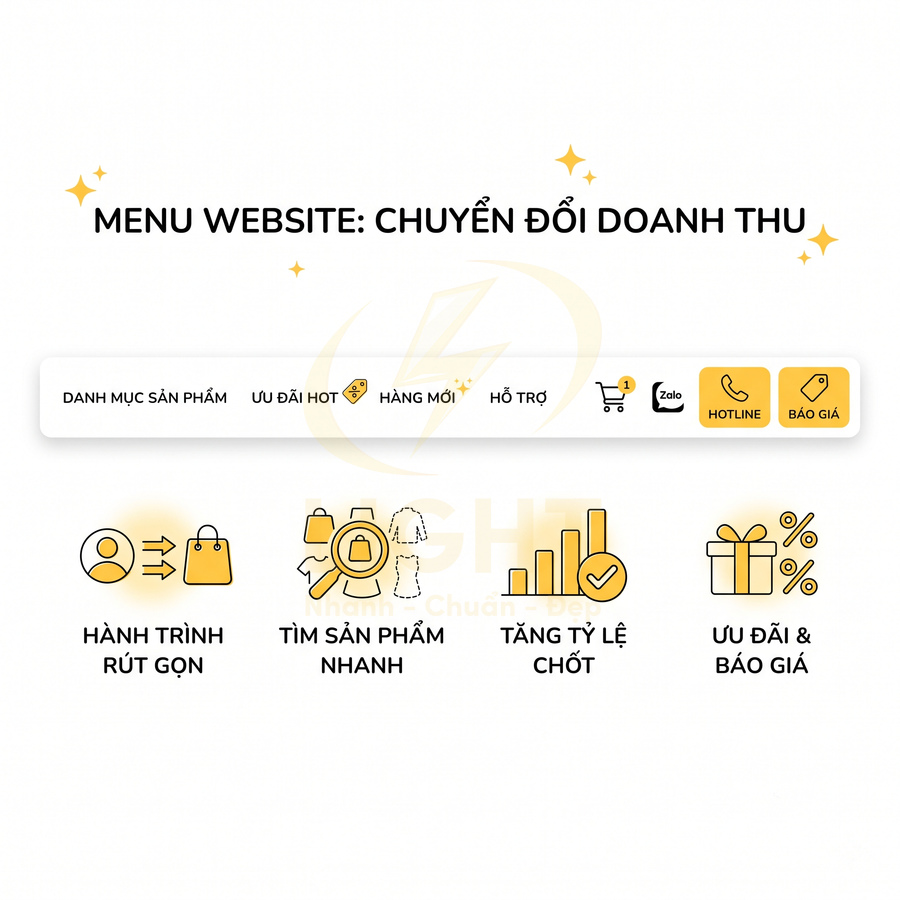 Giao diện menu website bán hàng với các mục danh mục sản phẩm, ưu đãi, hàng mới, hỗ trợ, hotline và báo giá