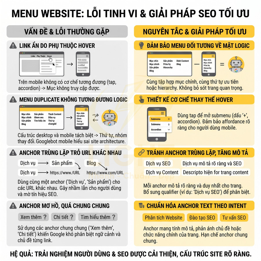 Infographic hướng dẫn tối ưu menu website và anchor text để cải thiện trải nghiệm người dùng và SEO