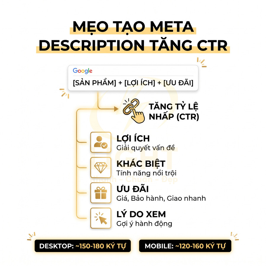 Hướng dẫn tạo meta description chuẩn SEO tăng CTR với lợi ích, khác biệt, ưu đãi và lời kêu gọi hành động