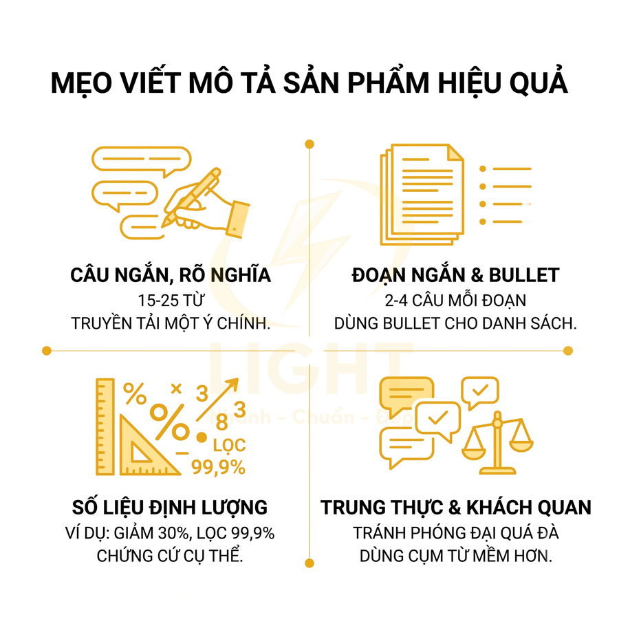 Mẹo viết mô tả sản phẩm hiệu quả với câu ngắn, số liệu định lượng, đoạn bullet và nội dung trung thực khách quan