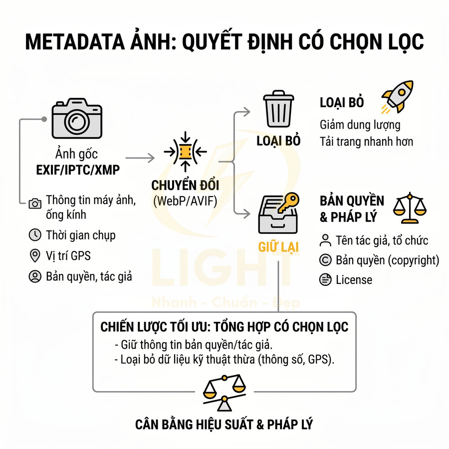 Infographic quy trình tối ưu metadata ảnh khi chuyển đổi WebP AVIF, giữ bản quyền và loại bỏ dữ liệu kỹ thuật dư thừa