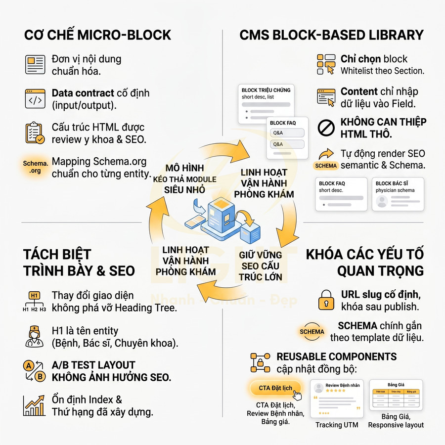Mô hình CMS micro block tối ưu SEO cho website phòng khám với thư viện block, schema và tách biệt trình bày nội dung