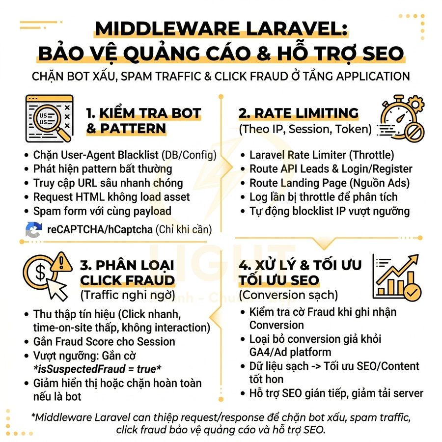 Infographic giới thiệu middleware Laravel bảo vệ quảng cáo, chặn bot xấu, spam traffic và tối ưu SEO