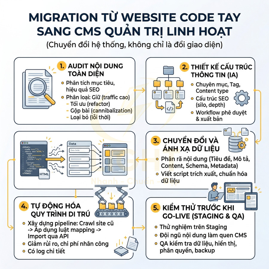 Quy trình migration từ website code tay sang CMS quản trị linh hoạt với 5 bước tối ưu SEO và dữ liệu