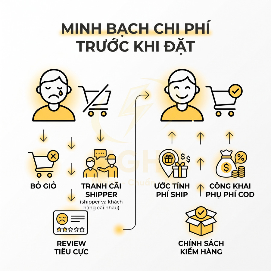Minh họa lợi ích minh bạch chi phí trước khi đặt hàng, ước tính phí ship và phụ phí COD giúp khách hàng hài lòng