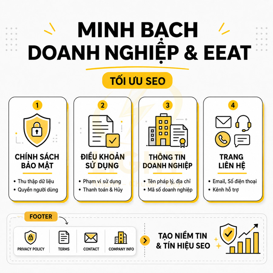 Infographic minh bạch doanh nghiệp và EEAT với chính sách bảo mật điều khoản thông tin công ty và trang liên hệ tối ưu SEO