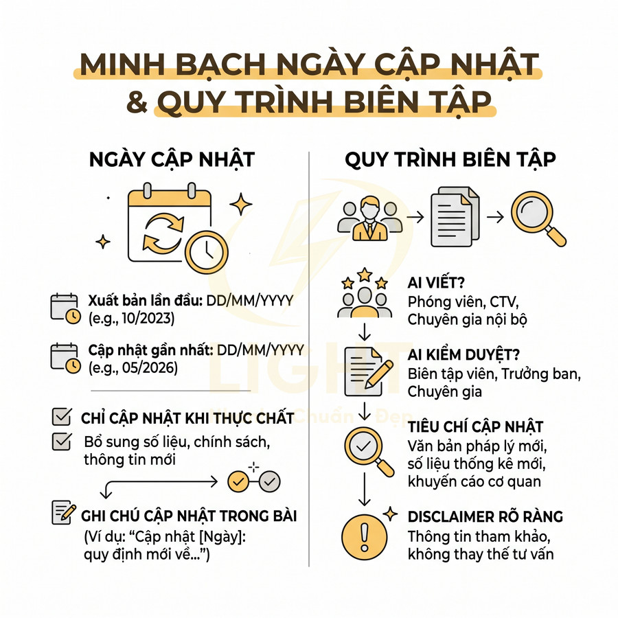 Minh họa quy trình biên tập và ngày cập nhật nội dung với các bước viết, kiểm duyệt, tiêu chí và ghi chú rõ ràng