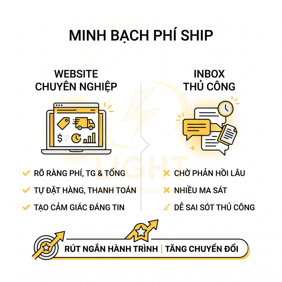 So sánh website chuyên nghiệp và inbox thủ công trong minh bạch phí ship, rút ngắn hành trình tăng chuyển đổi