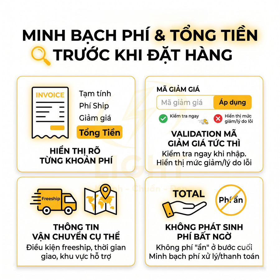 Banner minh bạch phí và tổng tiền trước khi đặt hàng, hiển thị chi tiết phí ship, mã giảm giá và thông tin vận chuyển