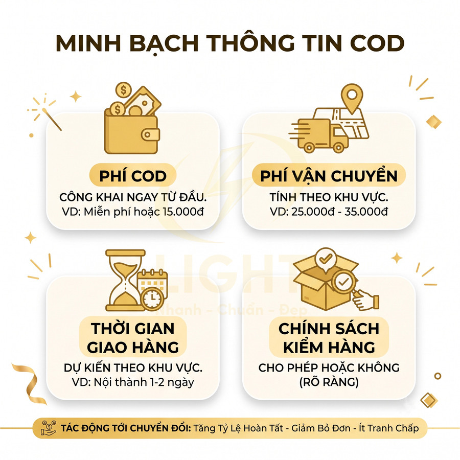 Infographic minh bạch thông tin COD với phí COD, phí vận chuyển, thời gian giao hàng và chính sách kiểm hàng