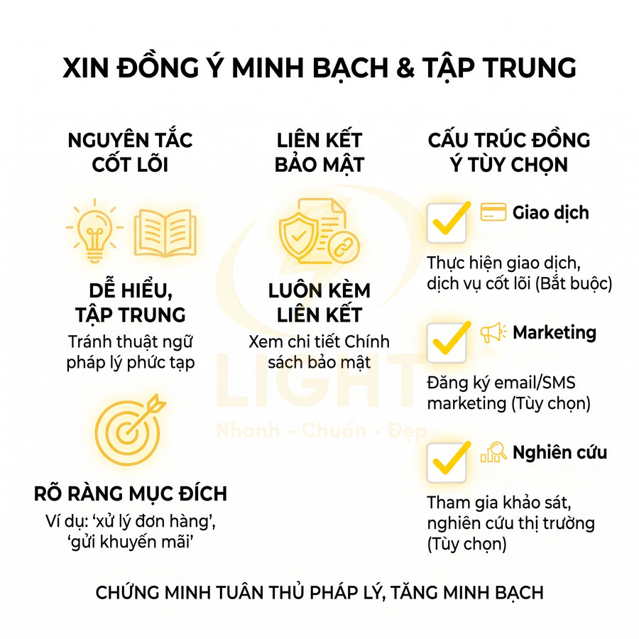 Nội dung xin đồng ý minh bạch và tập trung với nguyên tắc cốt lõi, liên kết bảo mật và các tùy chọn giao dịch marketing nghiên cứu