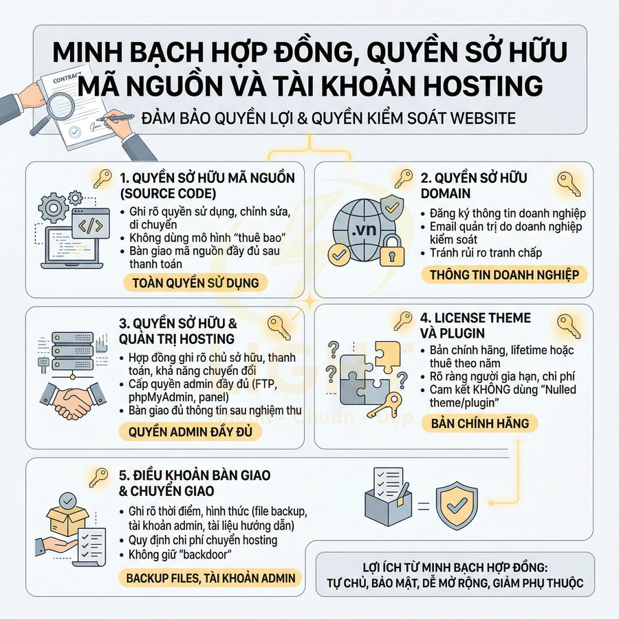 Infographic minh bạch hợp đồng website, quyền sở hữu mã nguồn, domain, hosting, license theme plugin và điều khoản bàn giao
