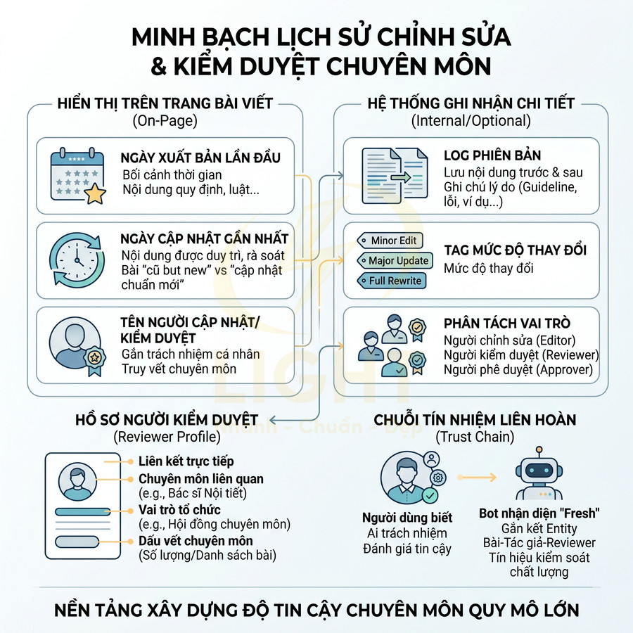 Sơ đồ quy trình minh bạch lịch sử chỉnh sửa và kiểm duyệt chuyên môn nội dung bài viết trực tuyến