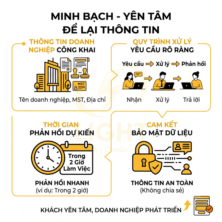 Infographic quy trình xử lý yêu cầu, bảo mật dữ liệu và thời gian phản hồi nhanh cho khách hàng doanh nghiệp