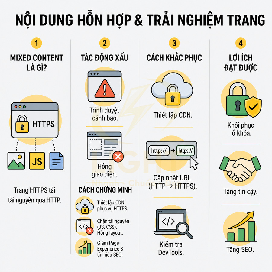 Infographic giải thích nội dung hỗn hợp mixed content, tác động xấu và cách khắc phục để cải thiện trải nghiệm trang web