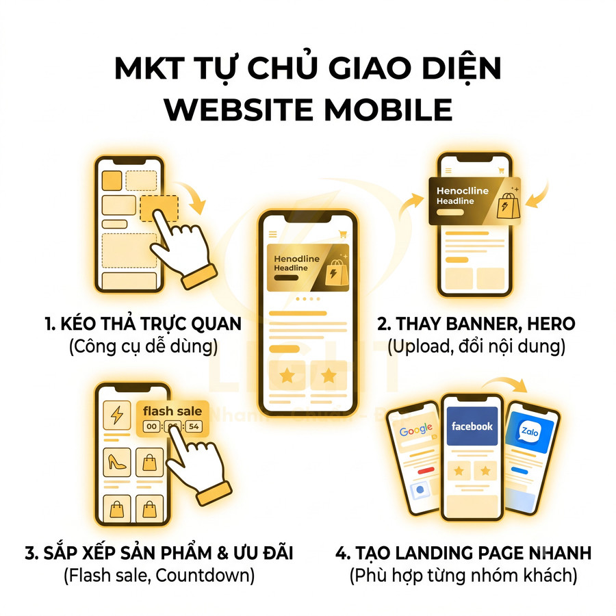 Minh họa tính năng kéo thả, thay banner, sắp xếp ưu đãi và tạo landing page nhanh cho giao diện website mobile