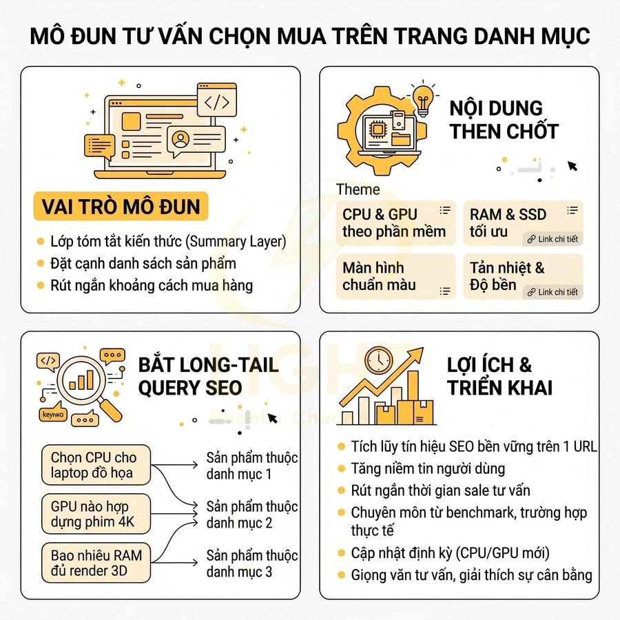 Mô đun tư vấn chọn mua trên trang danh mục với vai trò, nội dung then chốt, bắt long tail SEO và lợi ích triển khai