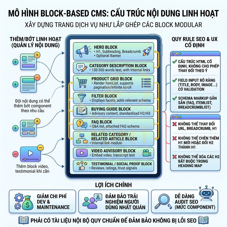 Mô hình block based CMS minh họa các loại block nội dung linh hoạt và quy tắc SEO UX cố định