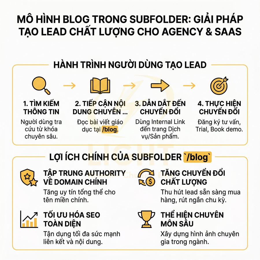 Mô hình blog trong subfolder blog giải thích hành trình tạo lead và lợi ích SEO, tăng chuyển đổi cho agency và SaaS