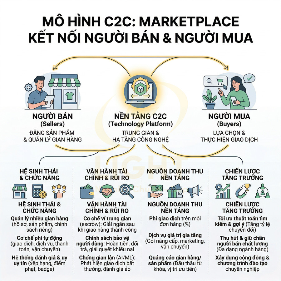 Mô hình C2C marketplace kết nối người bán người mua qua nền tảng công nghệ và các chức năng vận hành