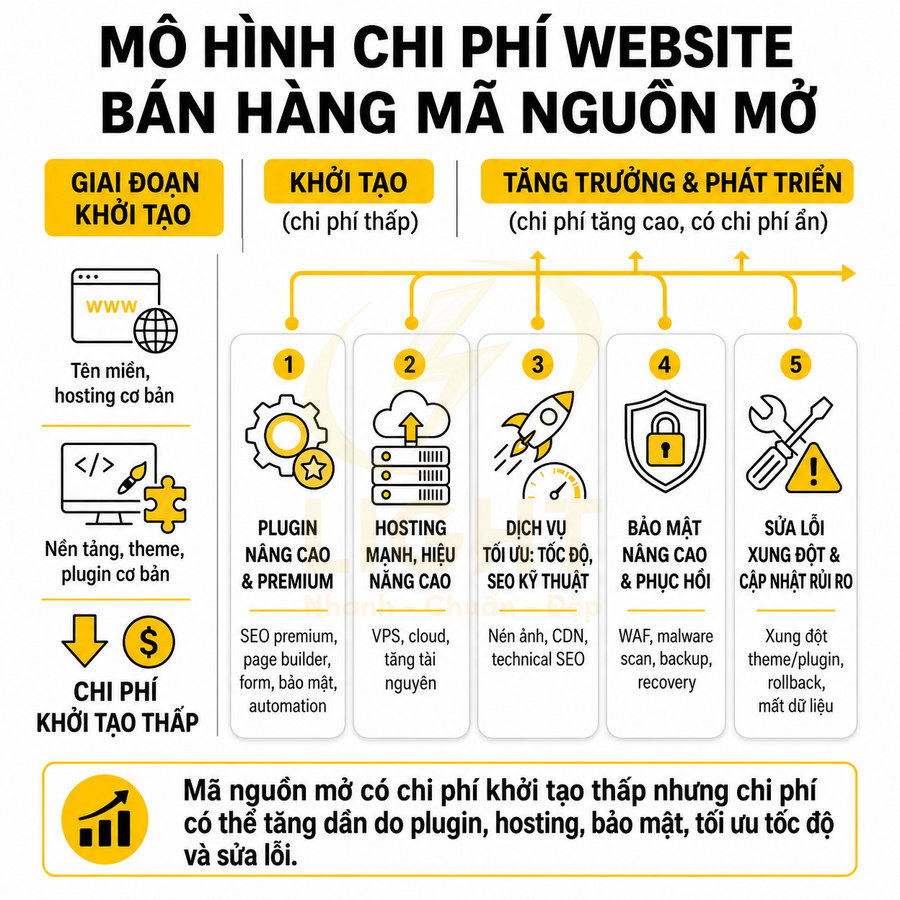 Mô hình chi phí website bán hàng mã nguồn mở từ khởi tạo đến tăng trưởng với plugin, hosting, bảo mật và tối ưu tốc độ