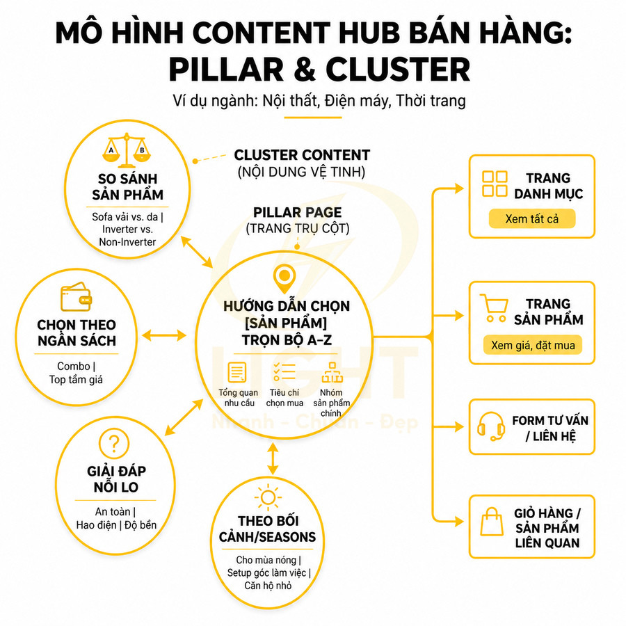 Mô hình content hub bán hàng pillar cluster hướng dẫn chọn sản phẩm A Z và điều hướng đến trang sản phẩm, giỏ hàng