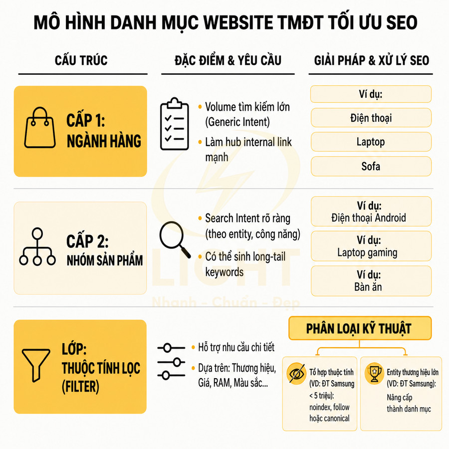 Mô hình cấu trúc danh mục website thương mại điện tử tối ưu SEO với cấp ngành hàng, nhóm sản phẩm và thuộc tính lọc