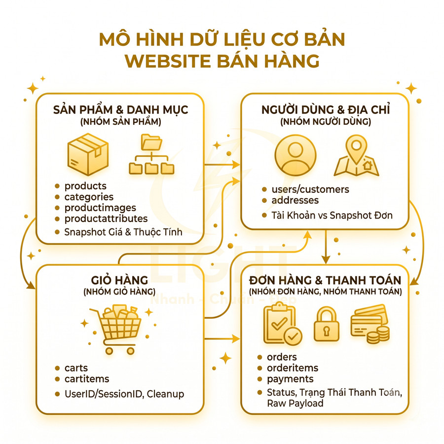 Sơ đồ mô hình dữ liệu cơ bản cho website bán hàng với nhóm sản phẩm, người dùng, giỏ hàng, đơn hàng và thanh toán