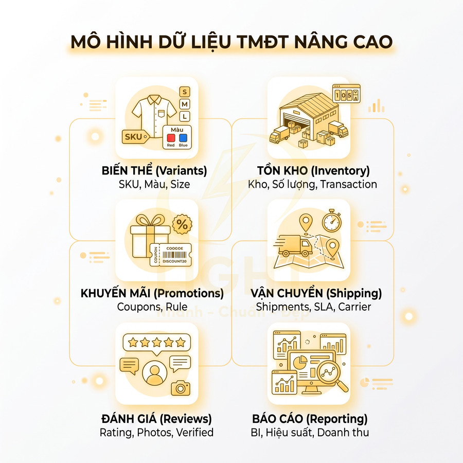 Mô hình dữ liệu thương mại điện tử nâng cao với biến thể, tồn kho, khuyến mãi, vận chuyển, đánh giá và báo cáo