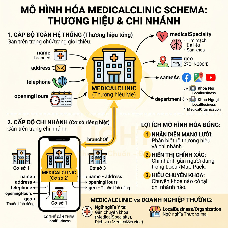 Mô hình hóa schema MedicalClinic cho thương hiệu mẹ và các chi nhánh phòng khám y tế