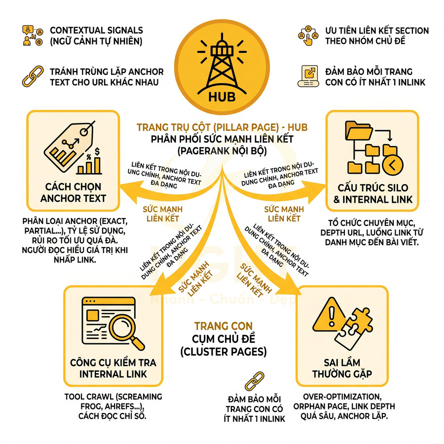 Sơ đồ cấu trúc silo và internal link với trang trụ cột hub, anchor text và cụm chủ đề trong chiến lược SEO