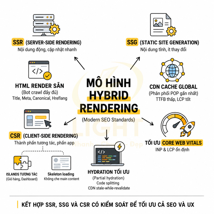 Sơ đồ mô hình hybrid rendering kết hợp SSR, SSG, CSR, CDN cache và tối ưu Core Web Vitals cho SEO