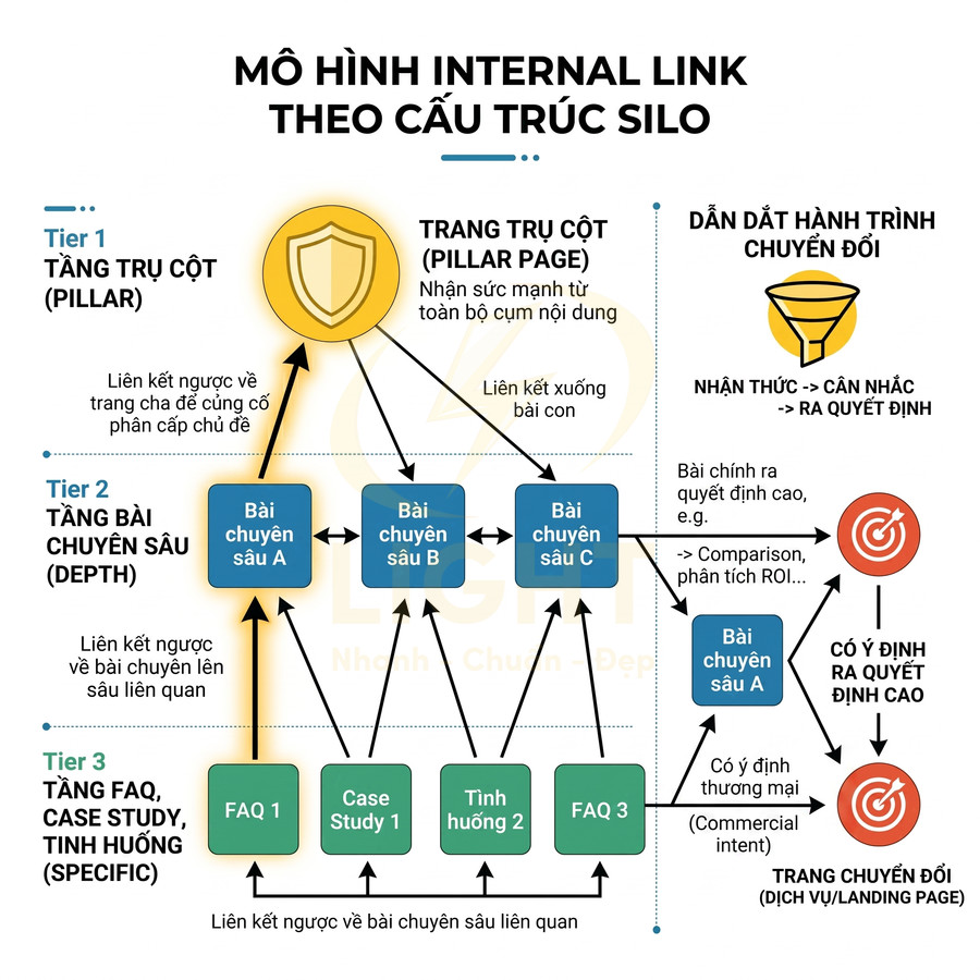 Sơ đồ mô hình internal link cấu trúc silo với trang trụ cột, bài viết chuyên sâu và trang chuyển đổi